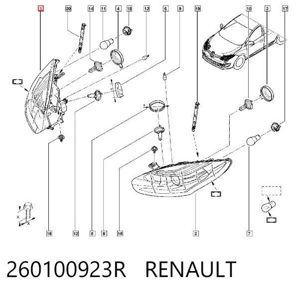 Sağ far 260100923R Renault (RVI)