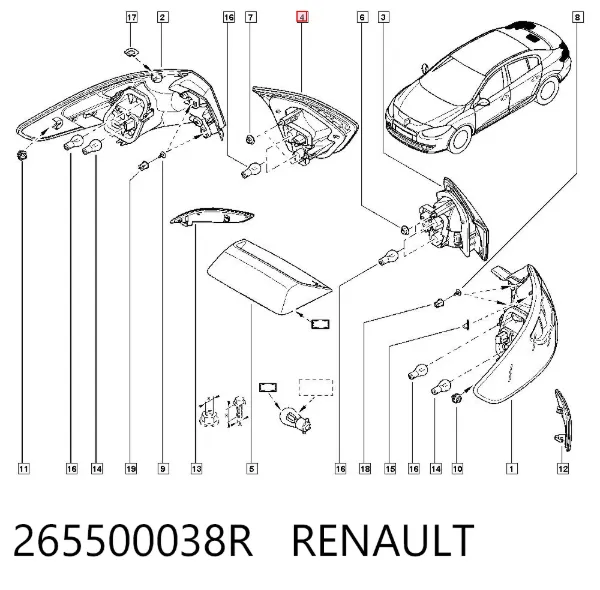 Sağ arka iç stop lambası 265500038R Renault (RVI)